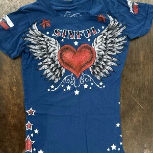 Sinful Blue Tee with Red Heart and Wings